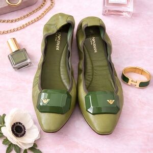 Emporio Armani Olive Green Leather Ballet Flats with Emerald/Gold Accent-37.5 S
